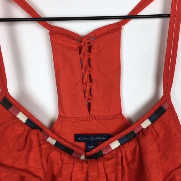 AMERICAN EAGLE Cami Tank Top Embroidered Beads Boho Ruffle Lace Up Back Size XS - Picture 3 of 11
